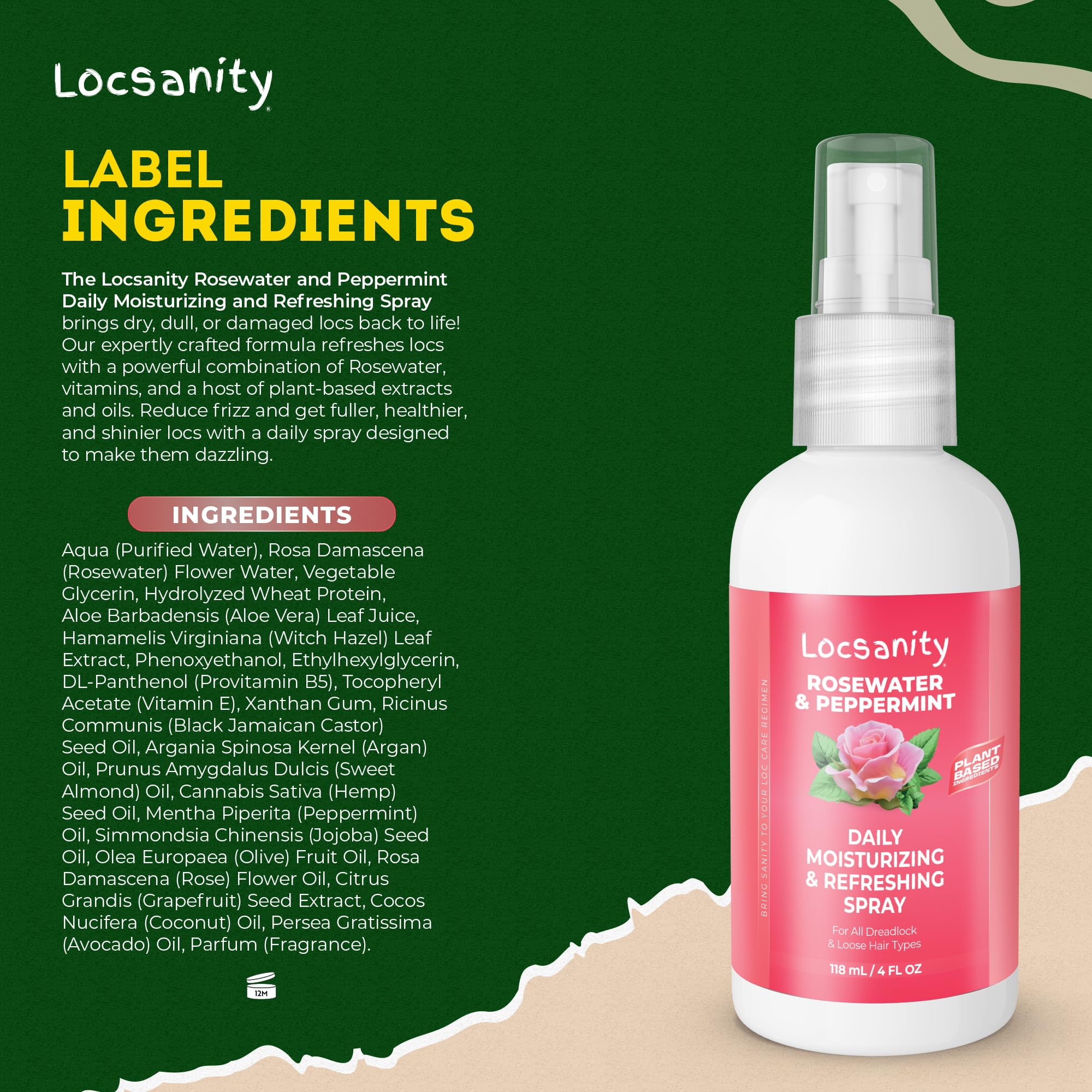 Locsanity Loc Spray natural formula with rosewater and peppermint ingredients