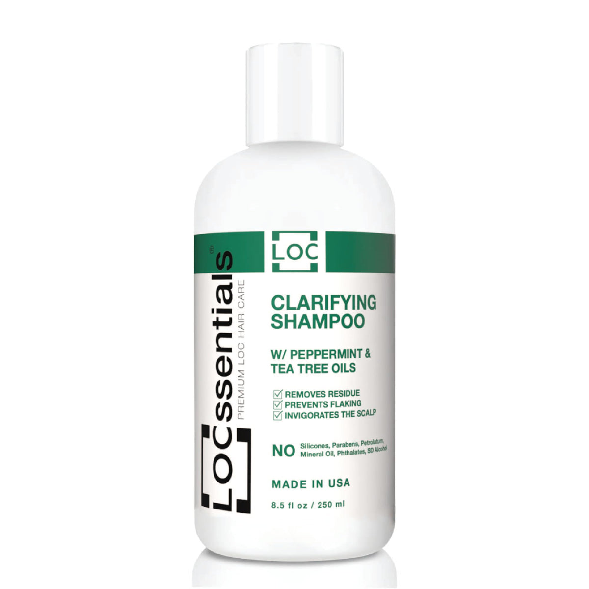 LOCssentials clarifying shampoo bottle with peppermint and tea tree oils for a refreshing cleanse.