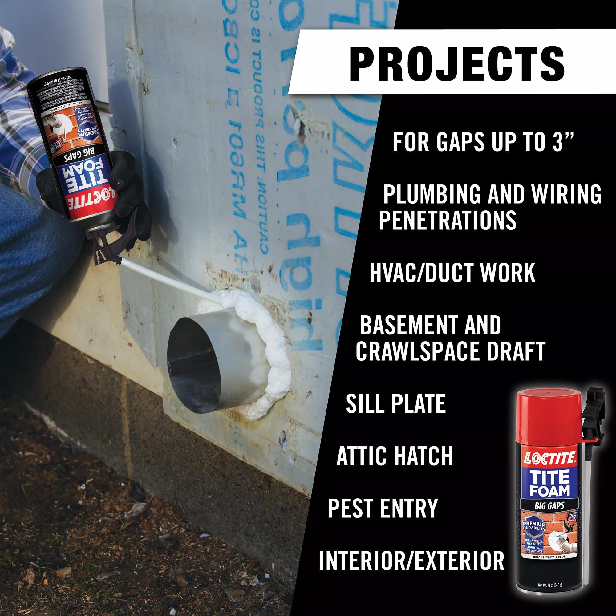 Loctite Tite Foam Big Gaps foam-closeup demonstrates durable adhesion on wood and brick.