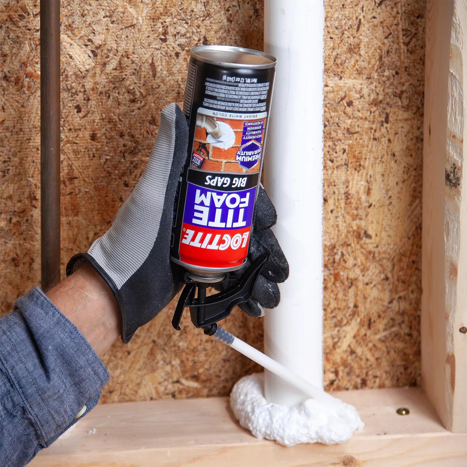 Loctite Tite Foam Big Gaps uses attached straw for easy precise application.
