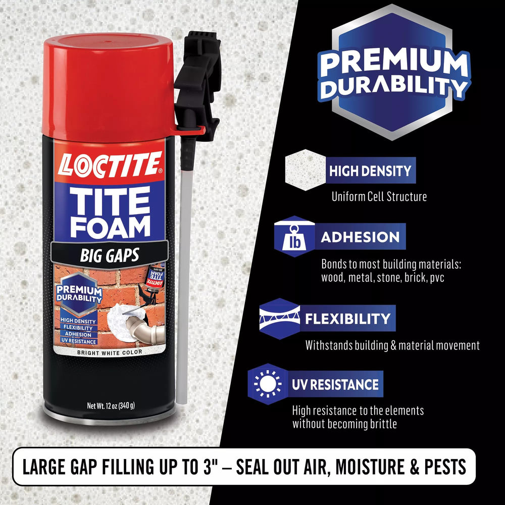 Loctite Tite Foam Big Gaps straw-application demonstrates quick seal around a crack.