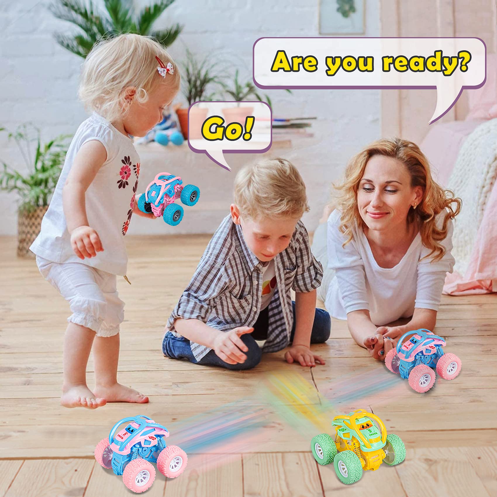LODBY blue pull-back stunt car, ideal for sibling playtime and sharing.