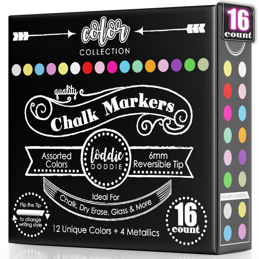 Loddie Doddie chalk markers 16-pack ready for bold chalkboard designs and easy erasing.