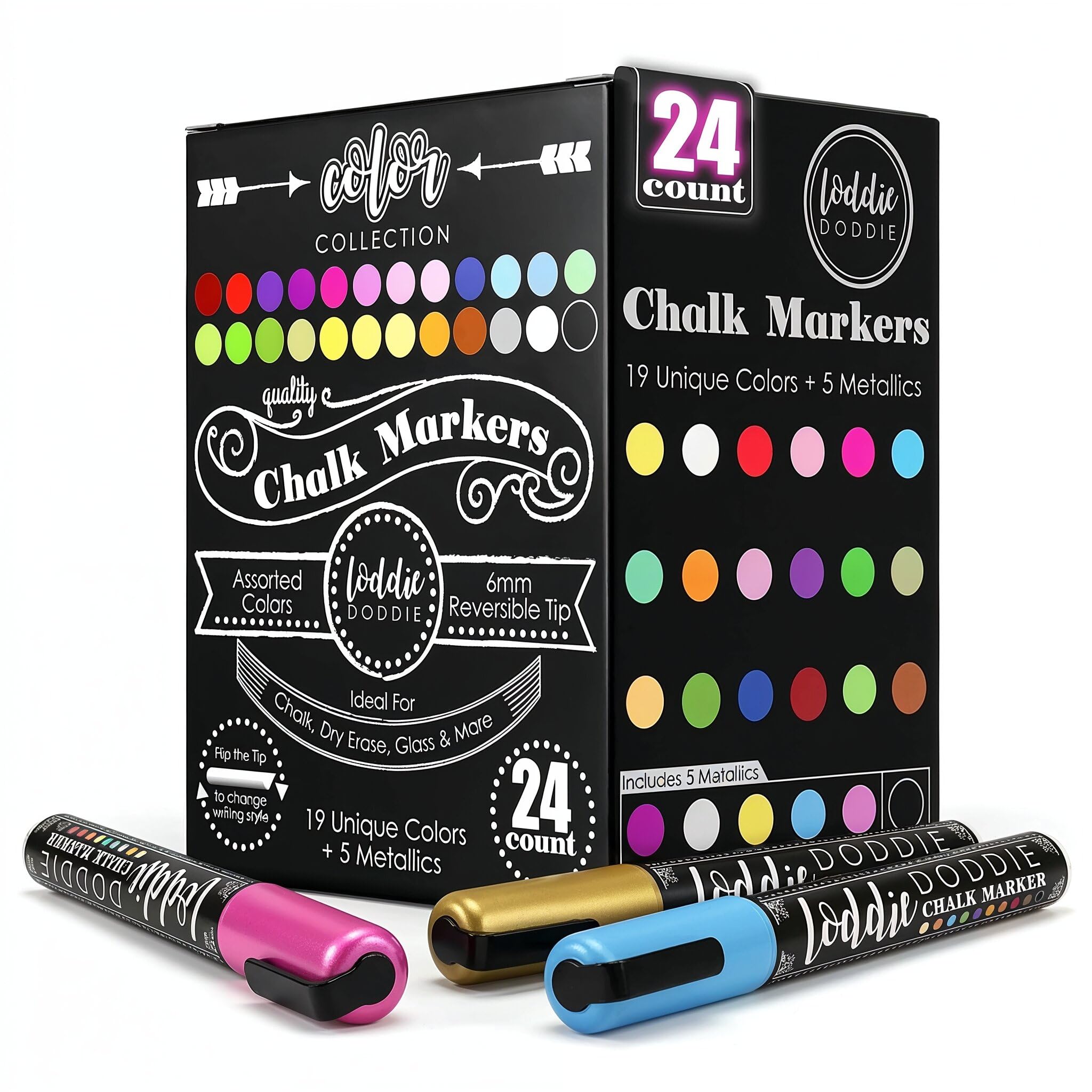 Loddie Doddie chalk markers pack 24 with 6mm tips for bold and detailed writing.