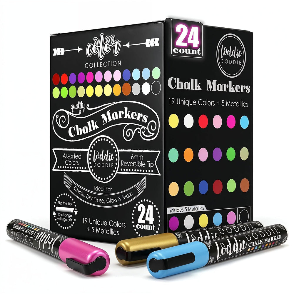 Loddie Doddie chalk markers pack 24 with 6mm tips for bold and detailed writing.