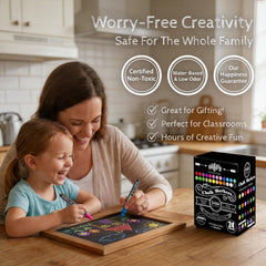 Loddie Doddie dry erase chalkboard markers wipe clean from non-porous surfaces.