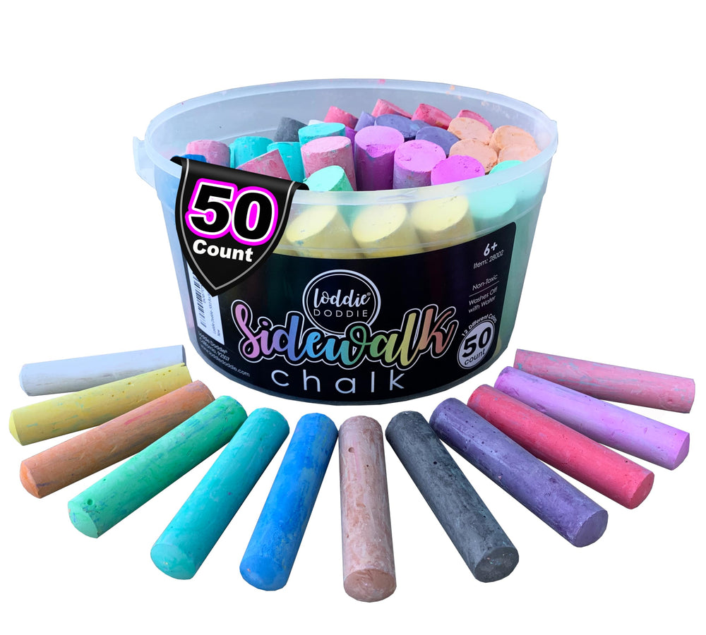Loddie Doddie Jumbo Sidewalk Chalk 50-piece bucket for vibrant outdoor art sessions.