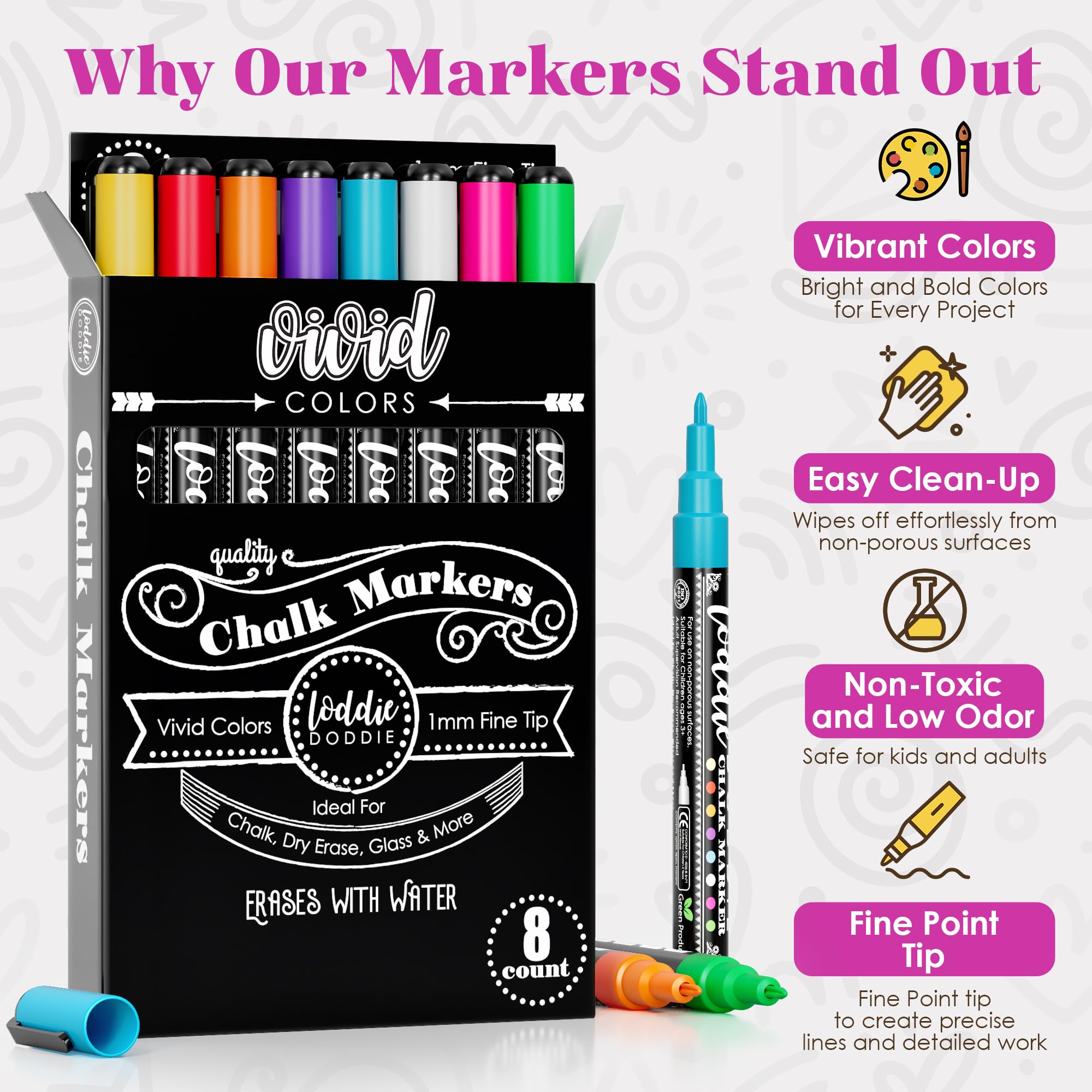Loddie Doddie neon markers provide vibrant colors for calendars and glass.