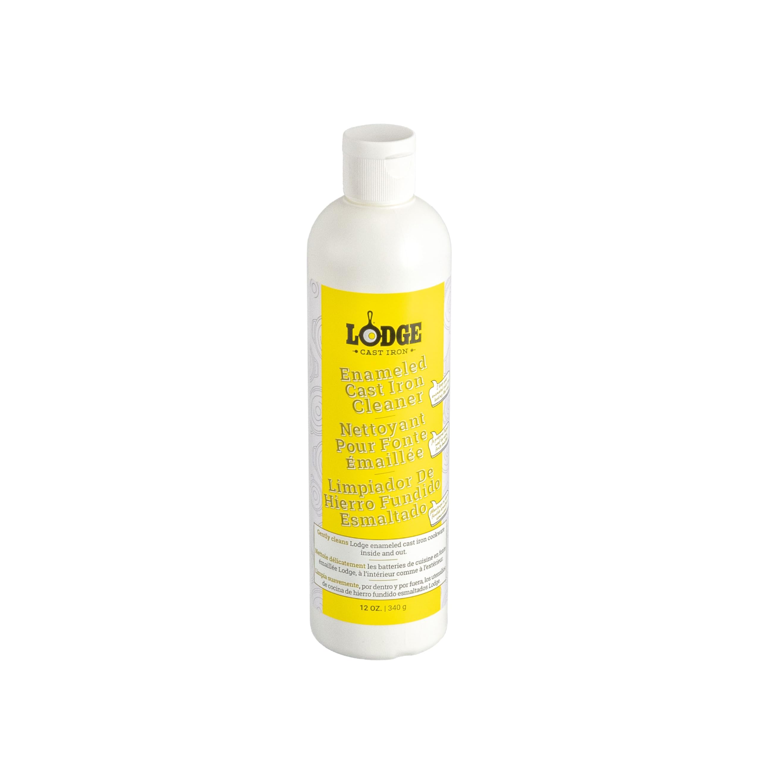 Lodge enameled cast iron cleaner bottle ready for gentle enamel upkeep