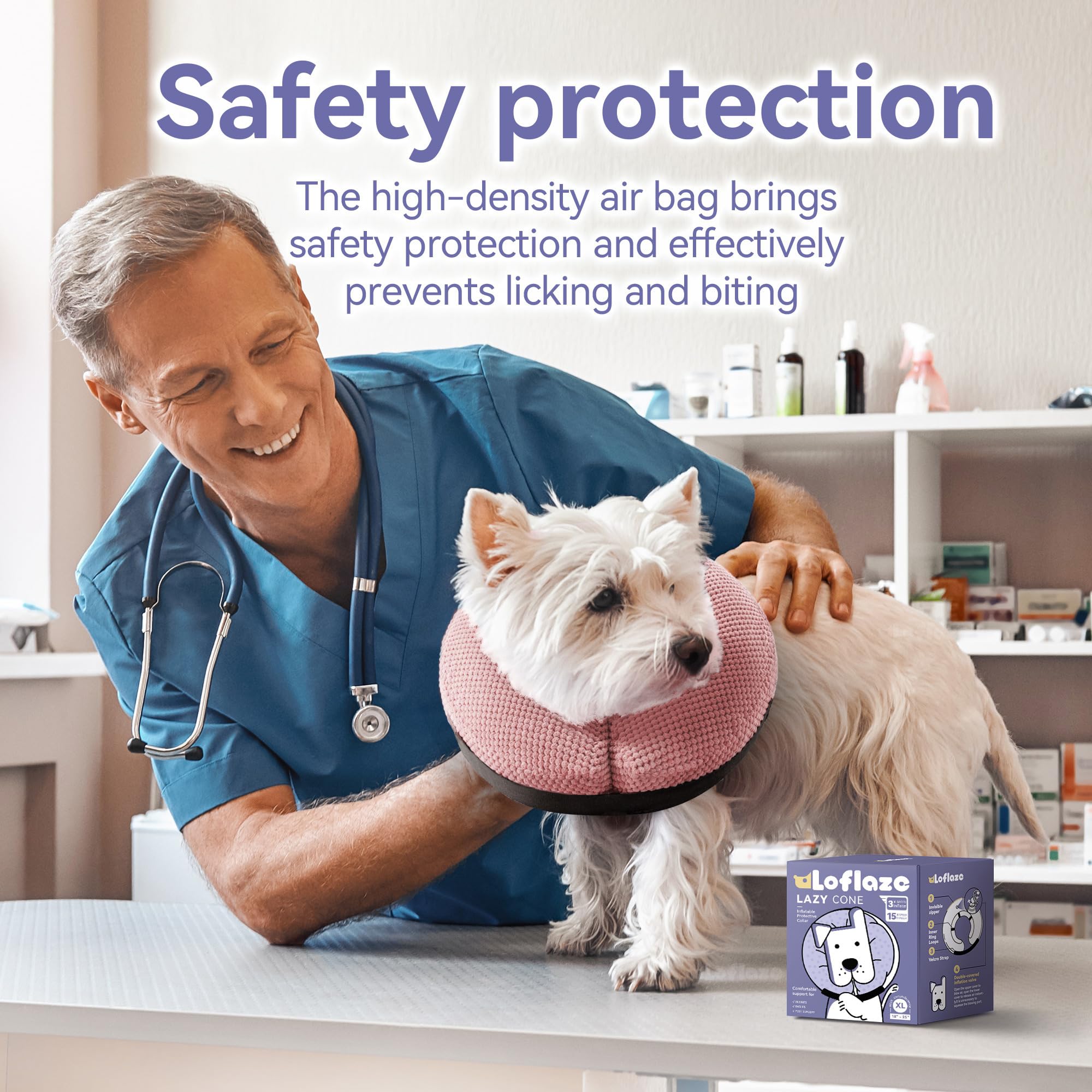 Loflaze dog cone 3D fabric cover offers soft, calming touch.
