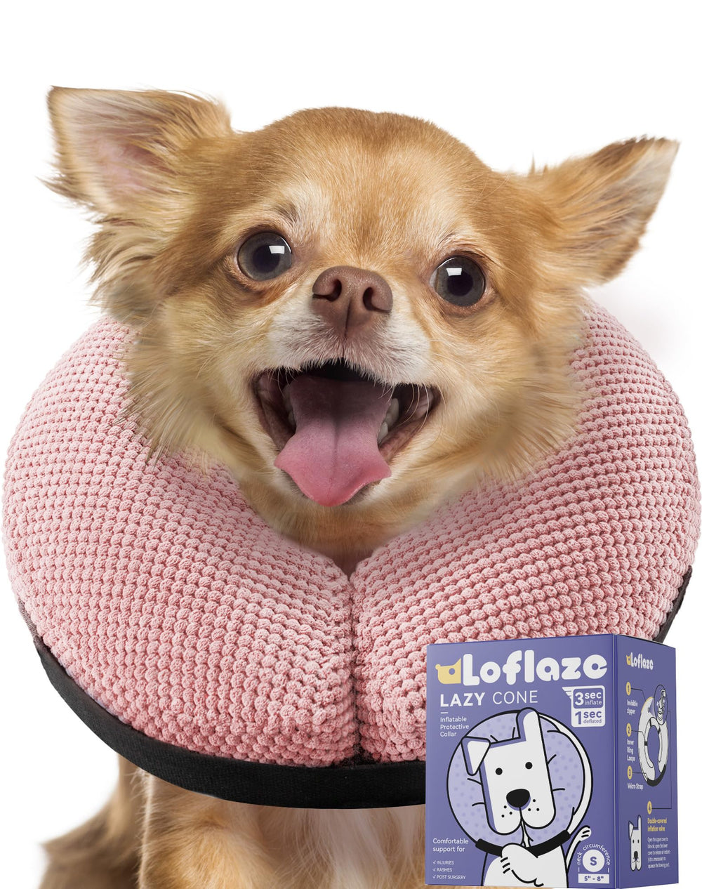 Loflaze dog cone valve closeup shows secure inflation for comfortable recovery.