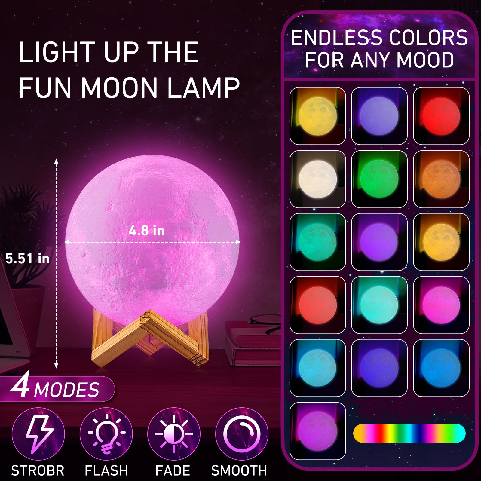 LOGROTATE Moon Lamp stand included for stable table display.