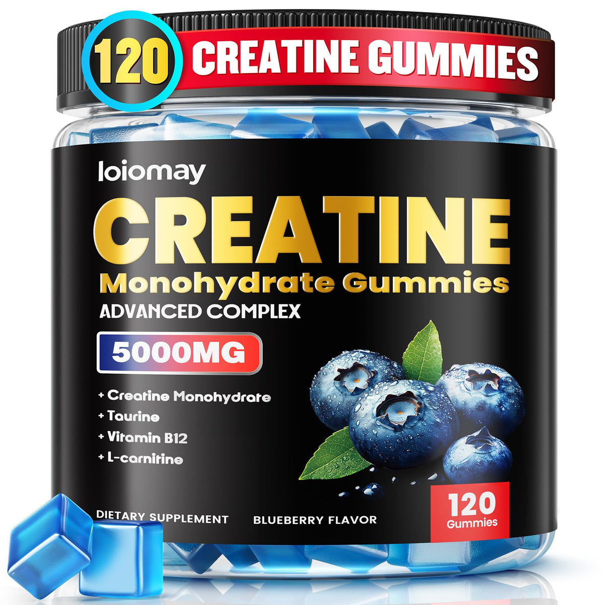 Loiomay Creatine Monohydrate Gummies in a blueberry bottle offer a vegan pre-workout option