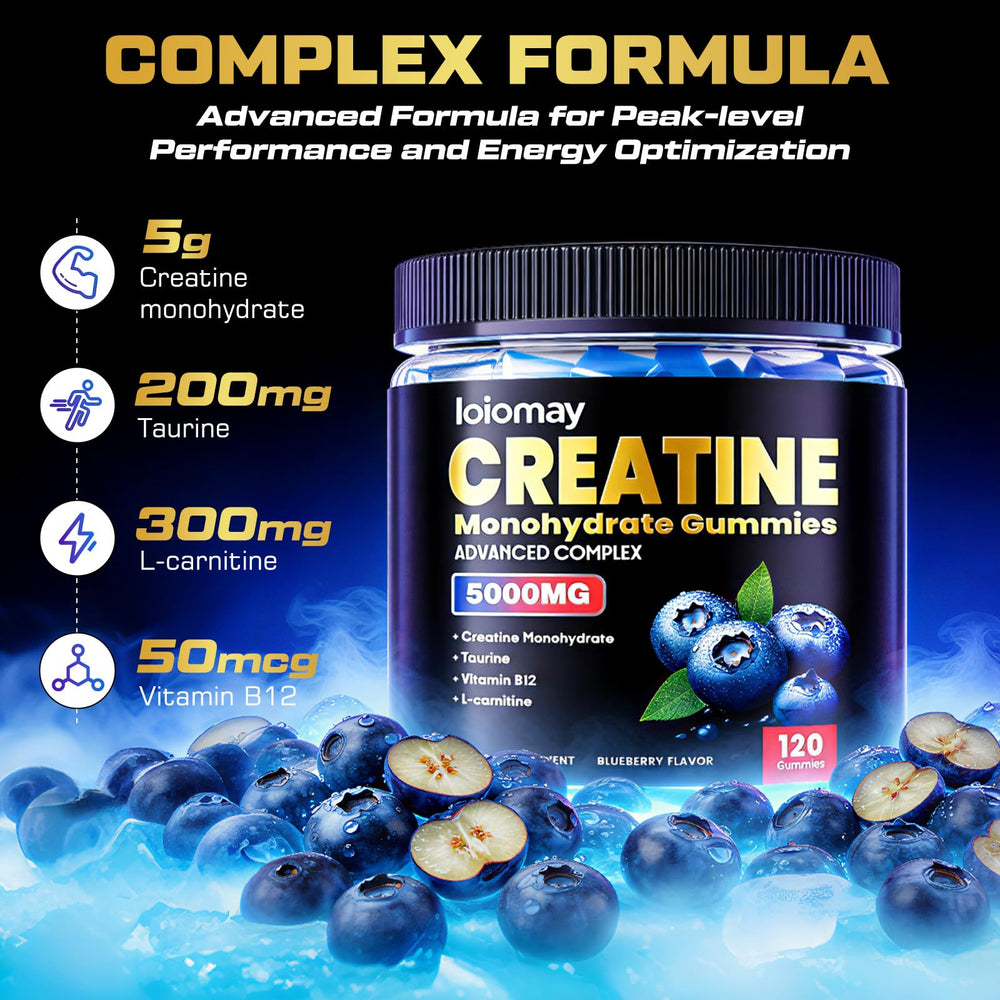 Loiomay Creatine Monohydrate Gummies blueberry close-up highlights tasty flavor and energy potential