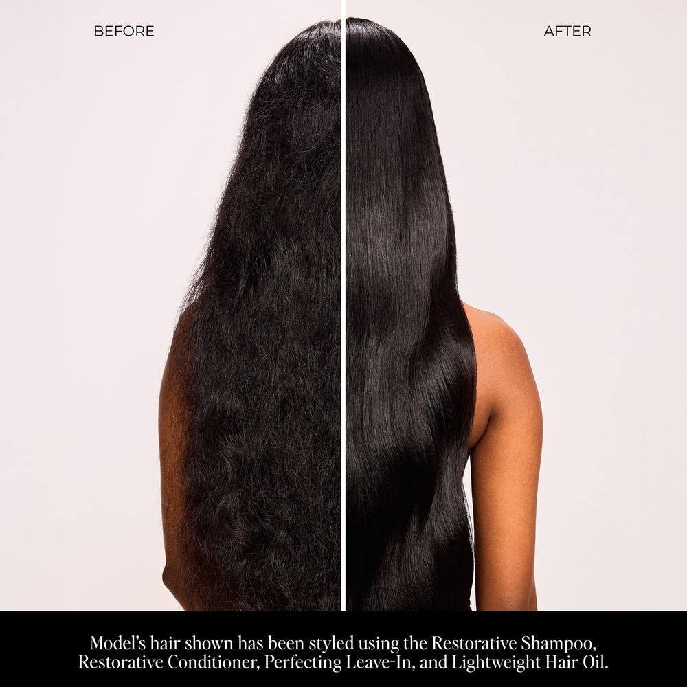 Lolavie Perfecting Leave-In on model with sleek, smooth hair.
