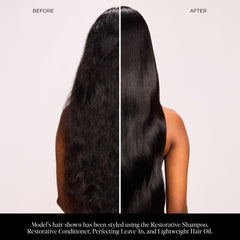 Lolavie Perfecting Leave-In on model with sleek, smooth hair.