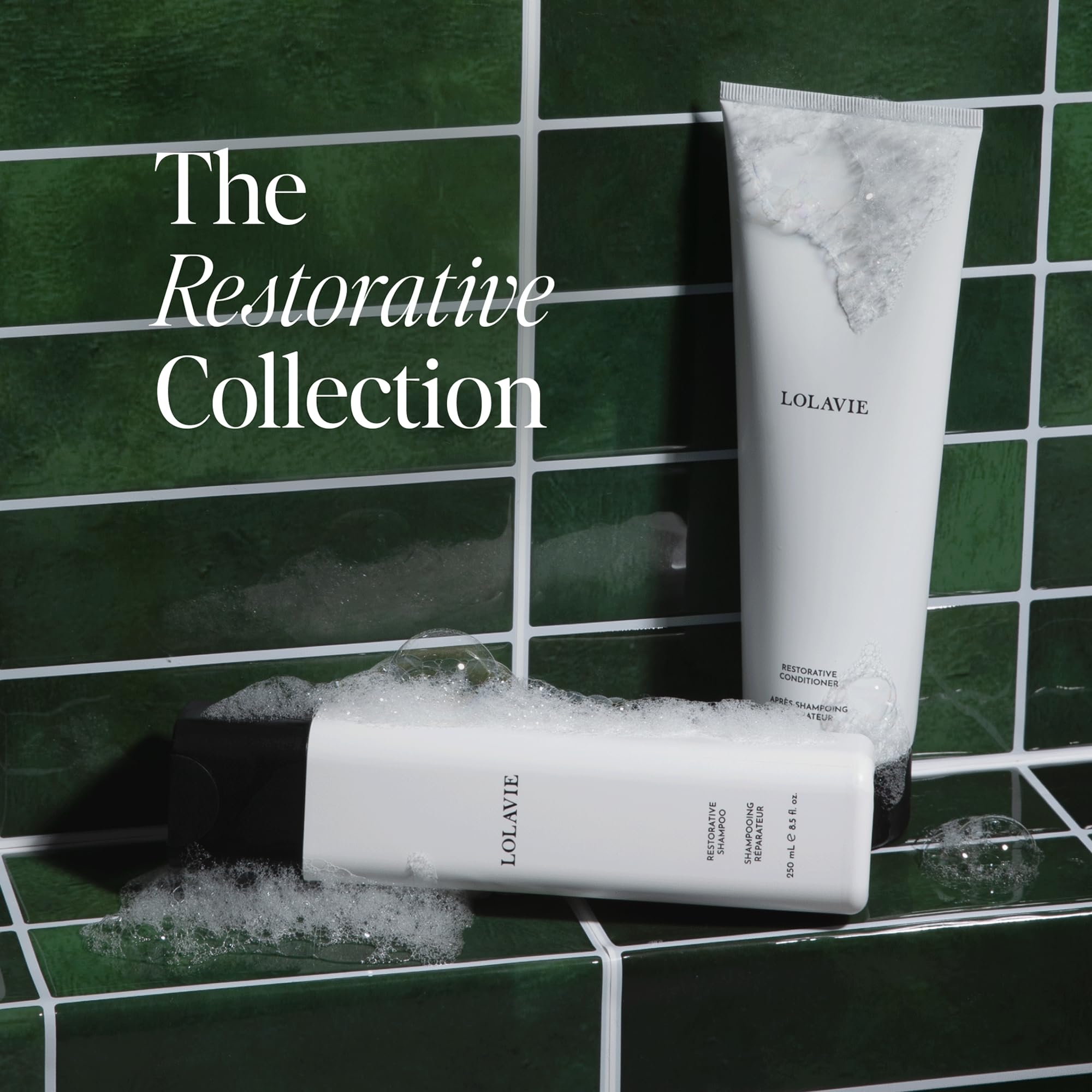 LolaVie Restorative Conditioner bottle highlighting smoothing and silky hair results.