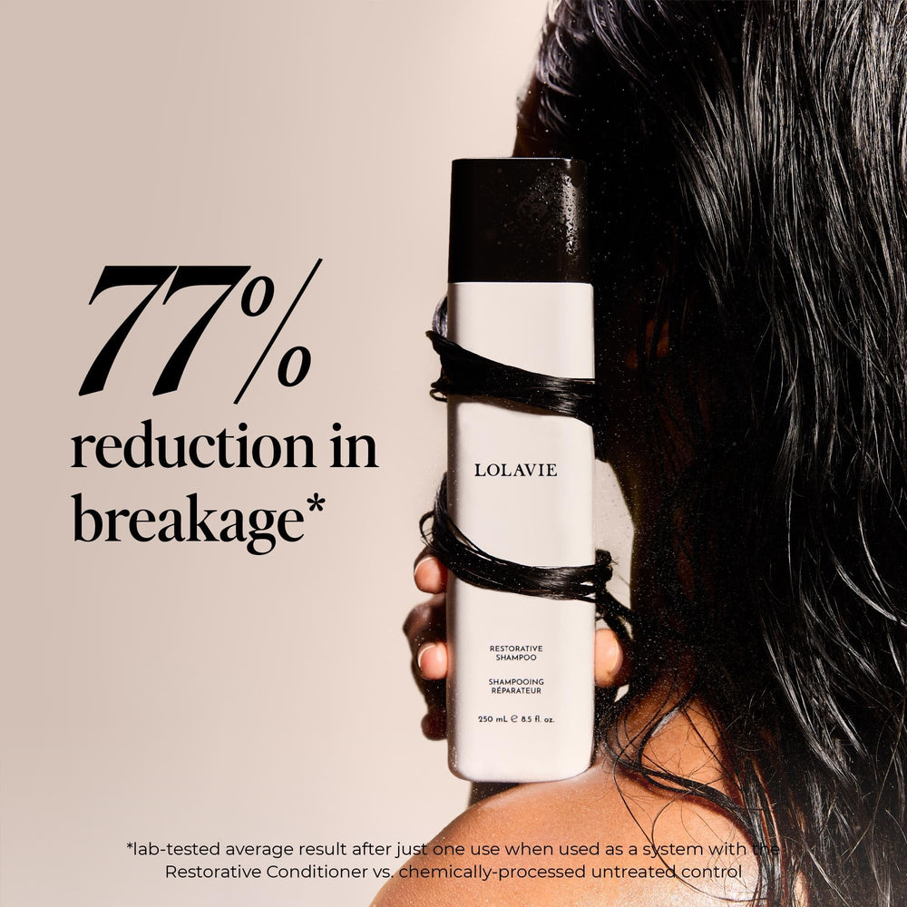 LolaVie Restorative Shampoo pour-action demonstrating gentle cleansing for damaged hair.