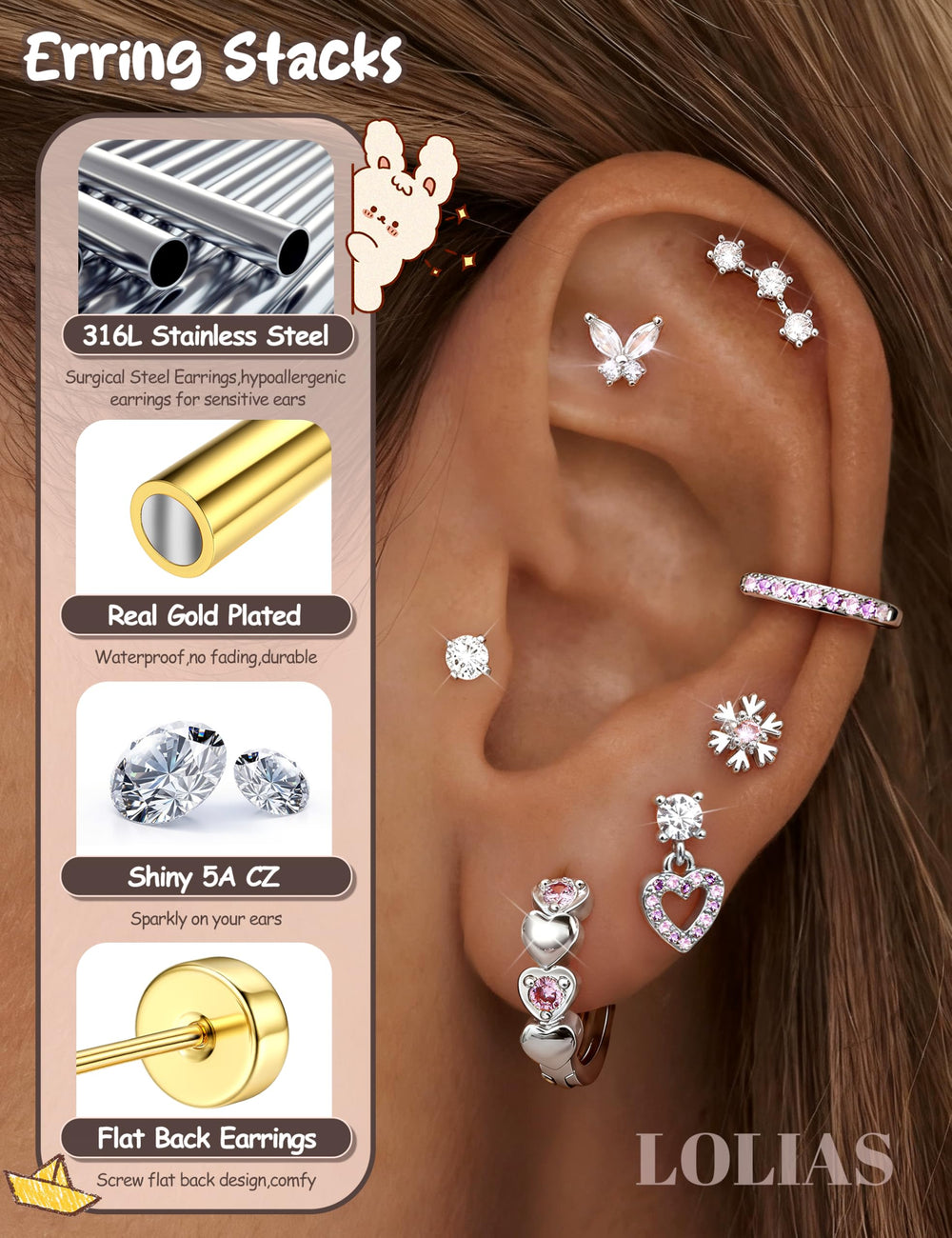 LOLIAS 14-pairs stainless steel earring set, versatile styles for everyday stacks.
