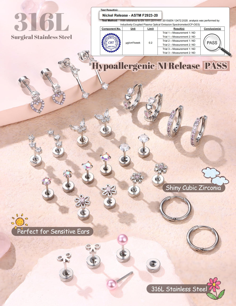 LOLIAS 20G flat-back earrings set, dainty and lightweight for all-day wear.