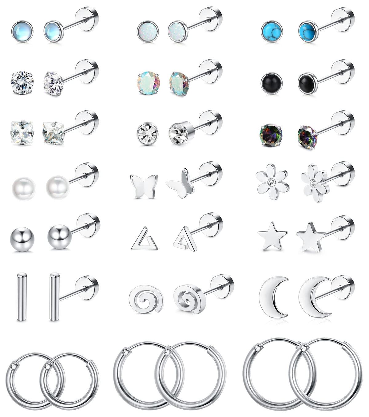 LOLIAS flat-back screw-back earrings pack for secure daily wear.