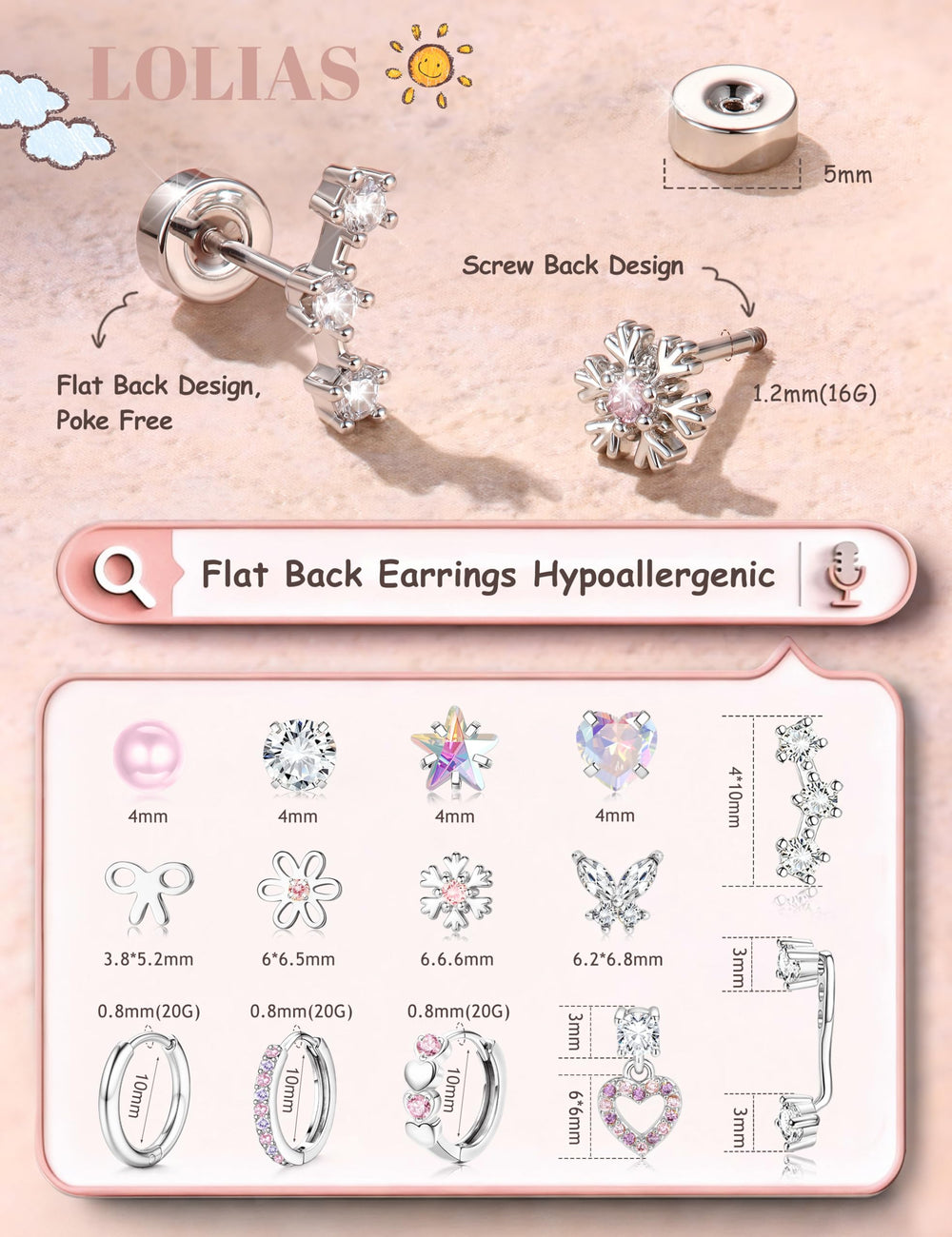 LOLIAS flat-back stud earrings with screw-back, secure fit for active wear.