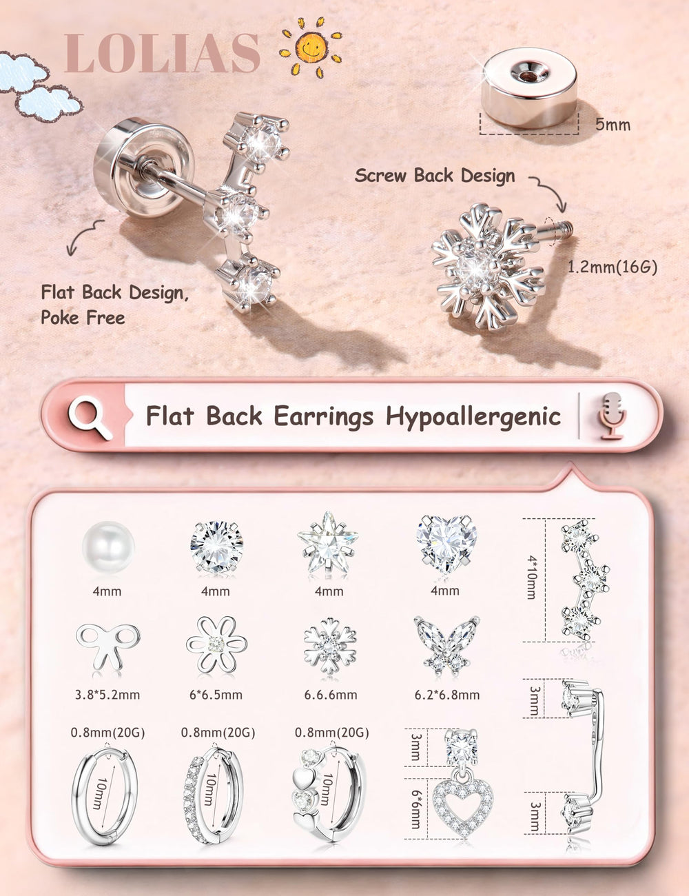 LOLIAS flatback stud earrings designed for all-day comfort.