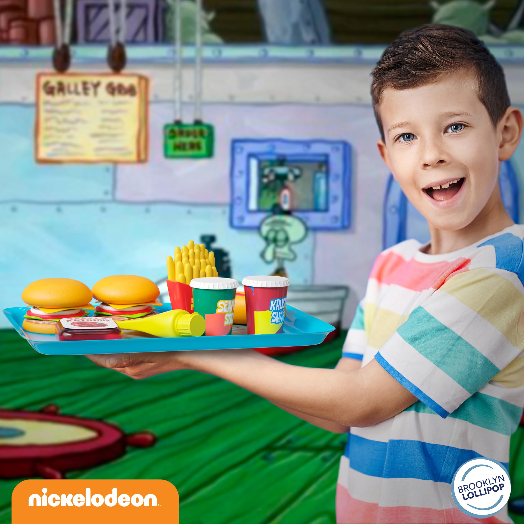 Lollipop SpongeBob name tag promotes role-play and personalization.