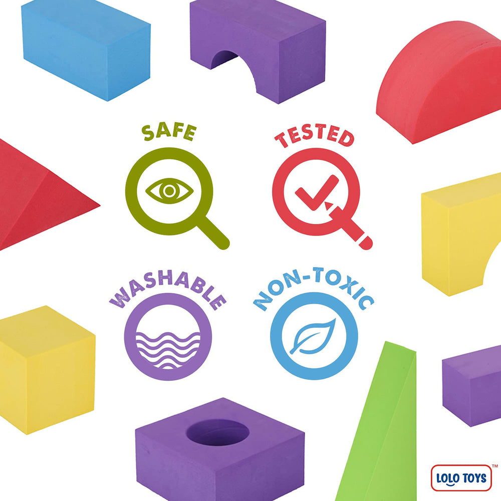 LOLO TOYS blocks beside a clear storage bag emphasizing portability and organization.