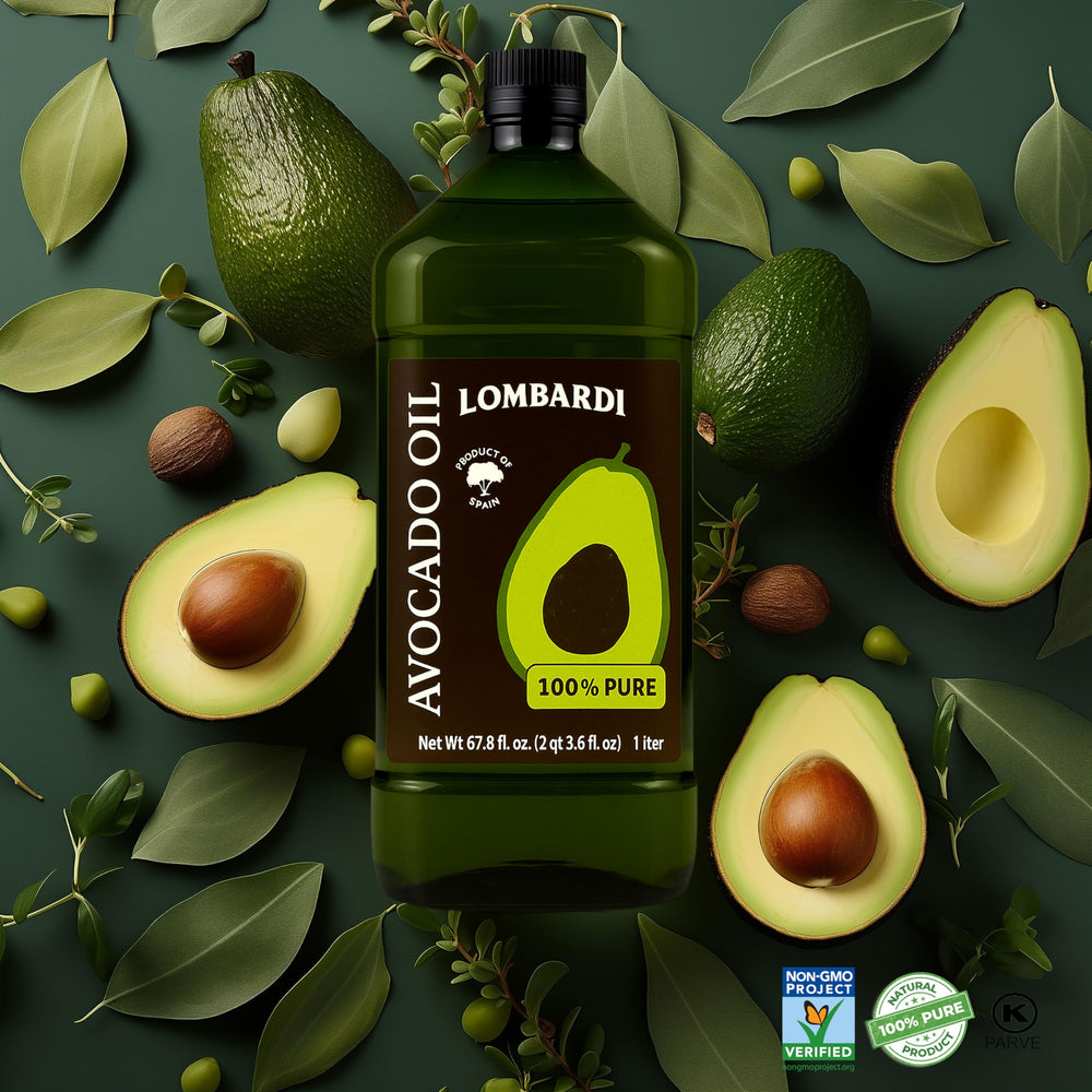 LOMBARDI avocado oil with ripe avocados pantry-ready staple