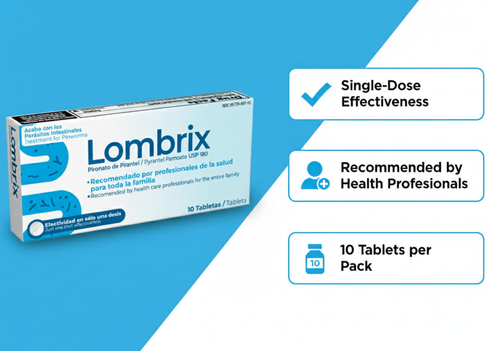 Lombrix box with dosage guide, simple weight-based instructions included.