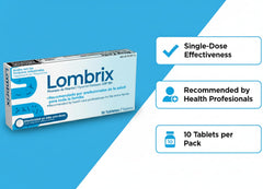 Lombrix box with dosage guide, simple weight-based instructions included.