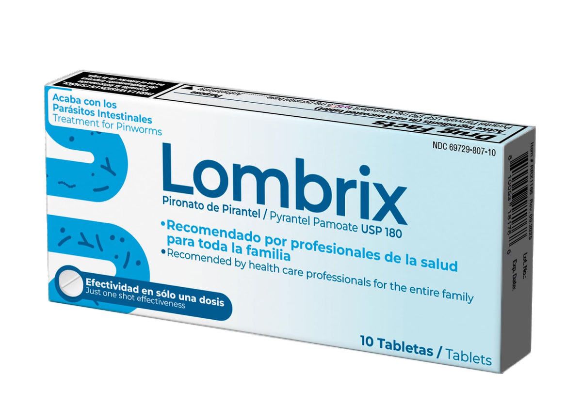 Lombrix pyrantel pamoate tablet front view, compact single-dose format for family digestive care.