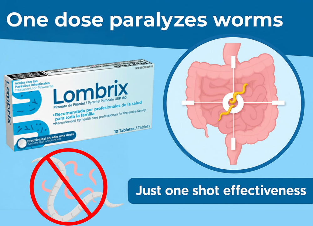 Lombrix pyrantel pamoate tablet pack, convenient non-prescription option for occasional discomfort.
