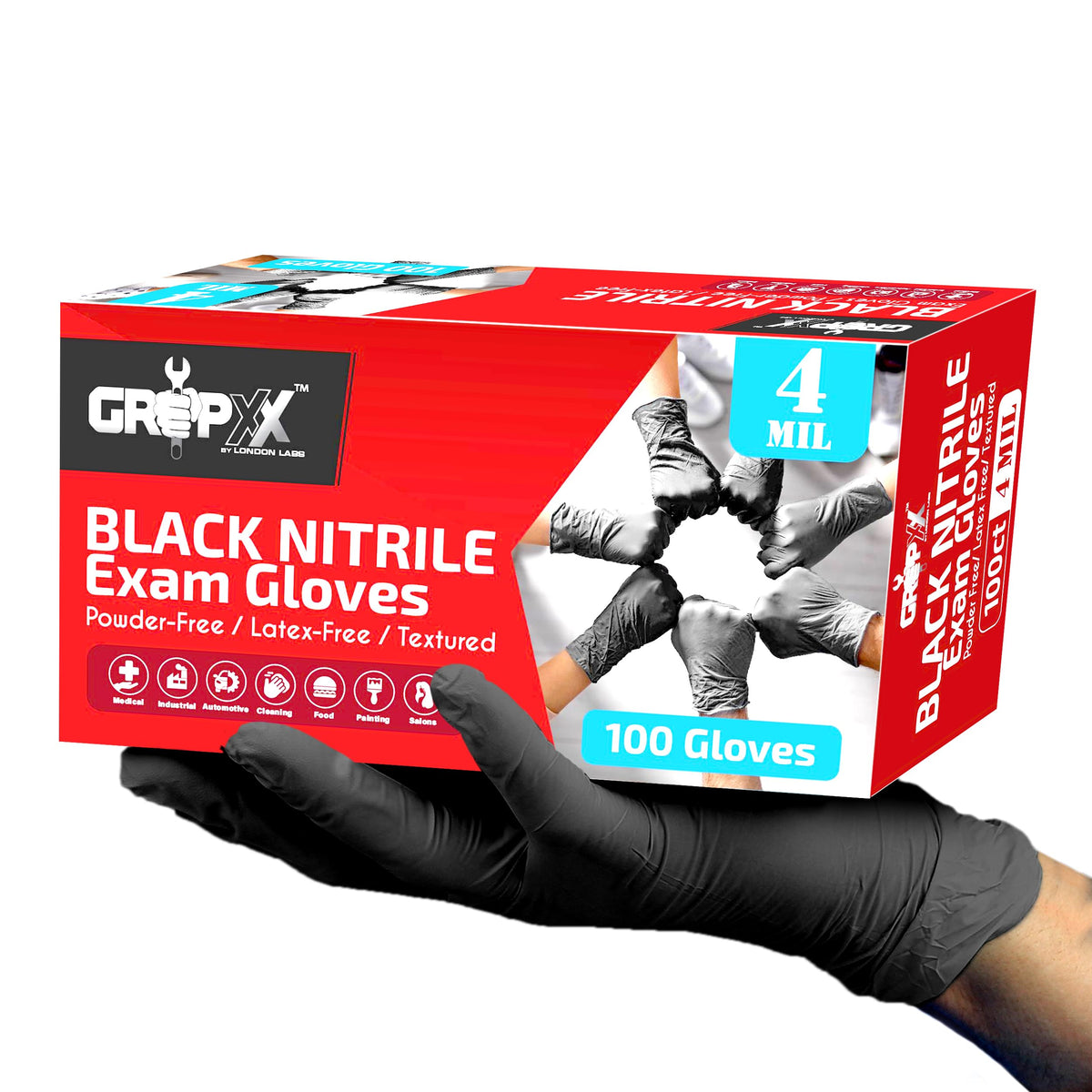 London Labs black nitrile gloves, 100-count box for versatile tasks.
