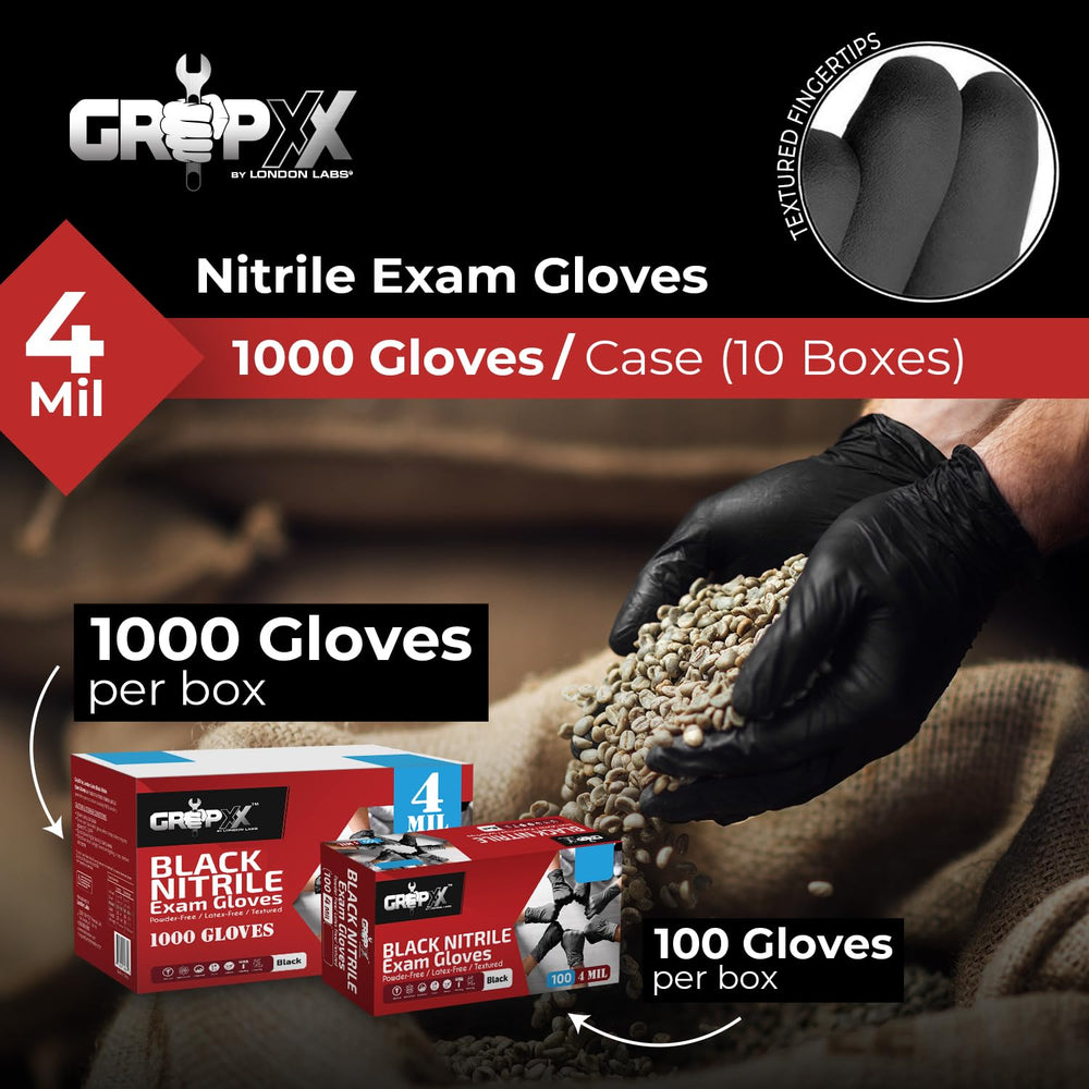 London Labs black nitrile gloves on hand demonstrate precise dexterity