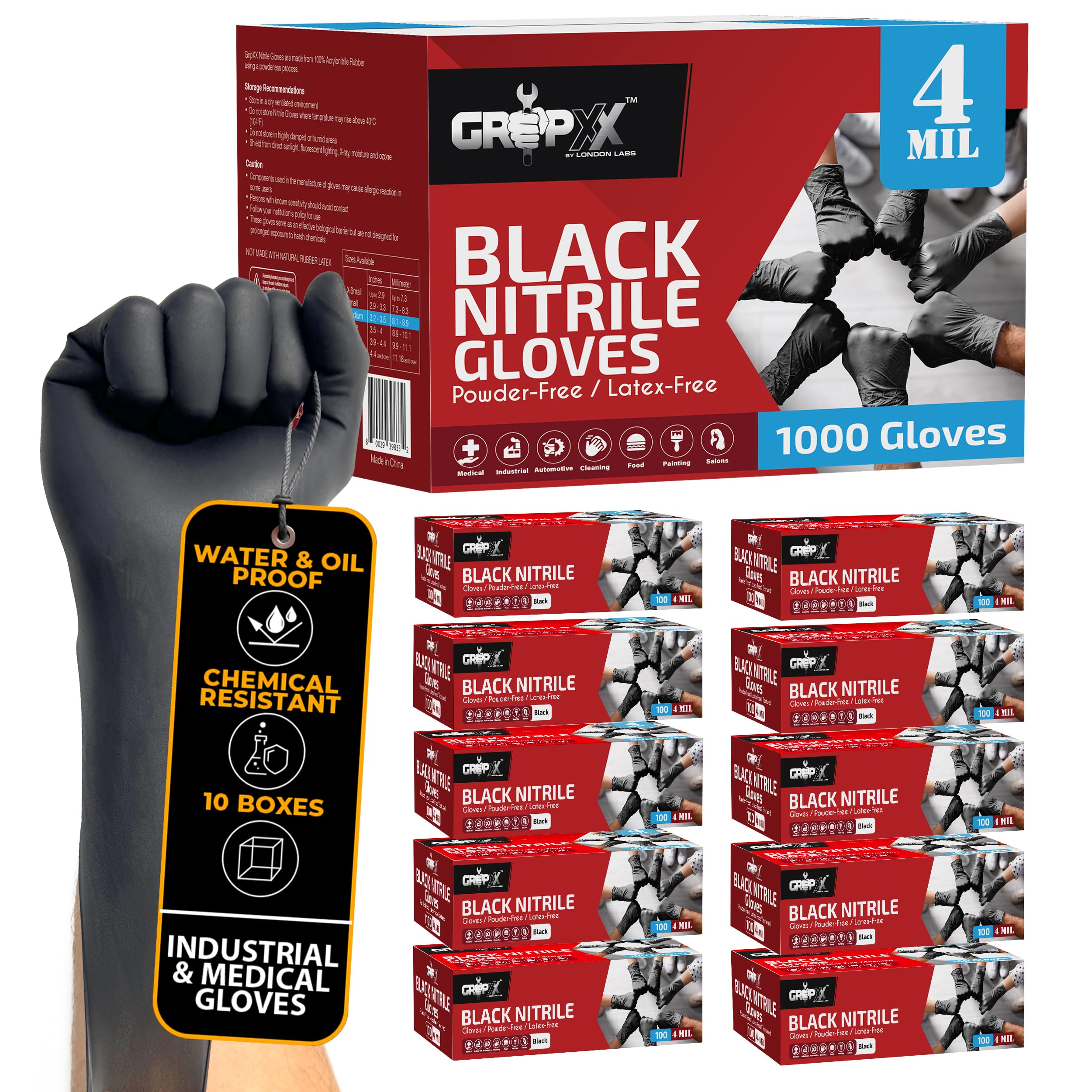 London Labs black nitrile gloves packaging, bulk-ready for warehouses