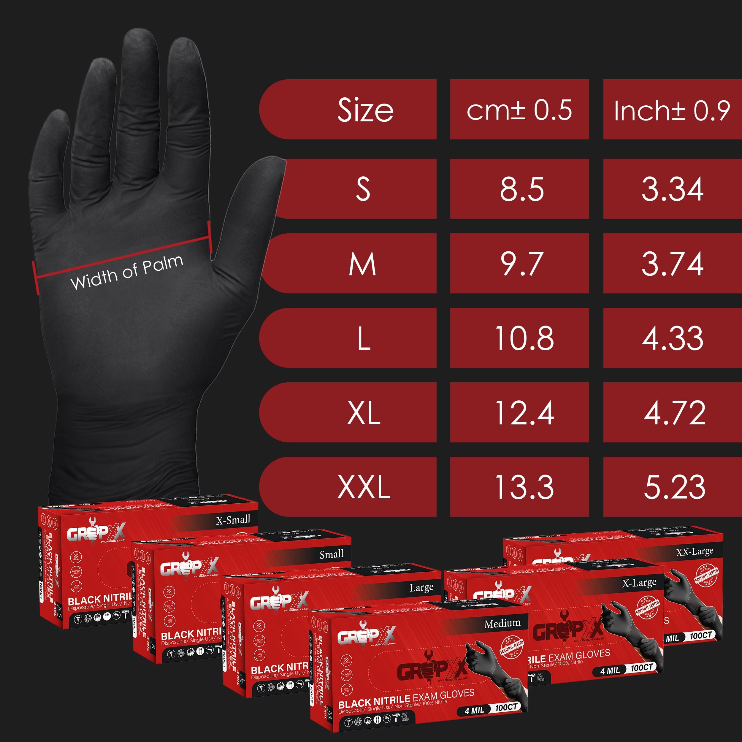 London Labs size range gloves XS to XXL for precise fit.