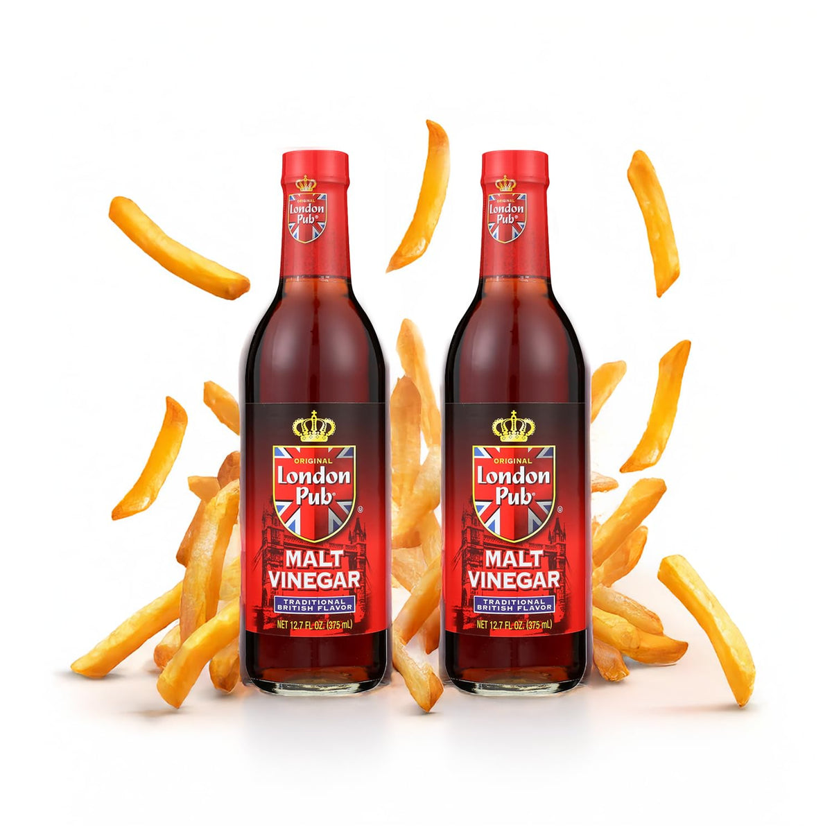 London Pub Malt Vinegar bottle with bold tang ideal for traditional British dishes.