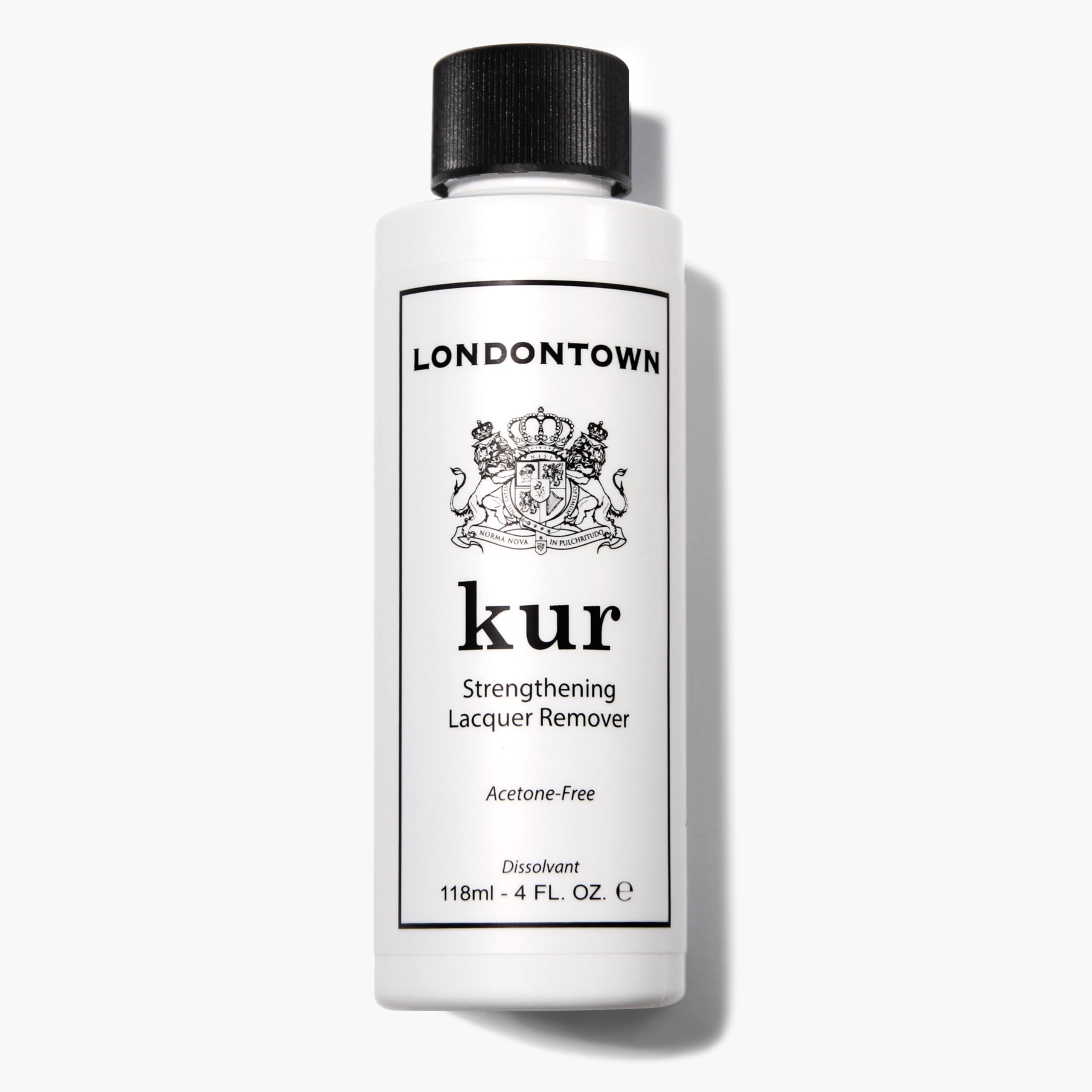 LONDONTOWN acetone-free remover bottle demonstrates quick, gentle polish removal