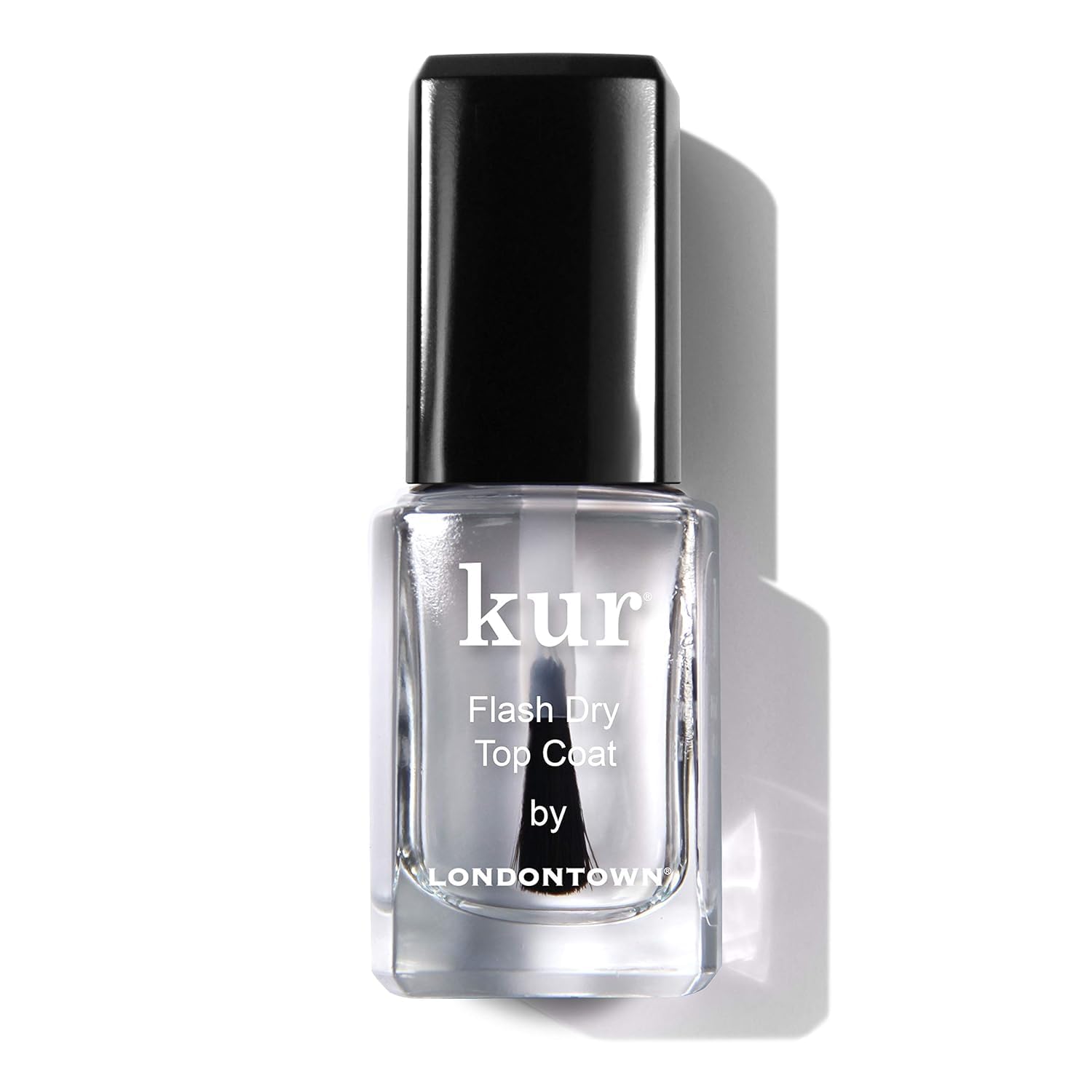 LONDONTOWN kur Flash Dry Top Coat bottle with high-gloss finish for fast-dry manicures.