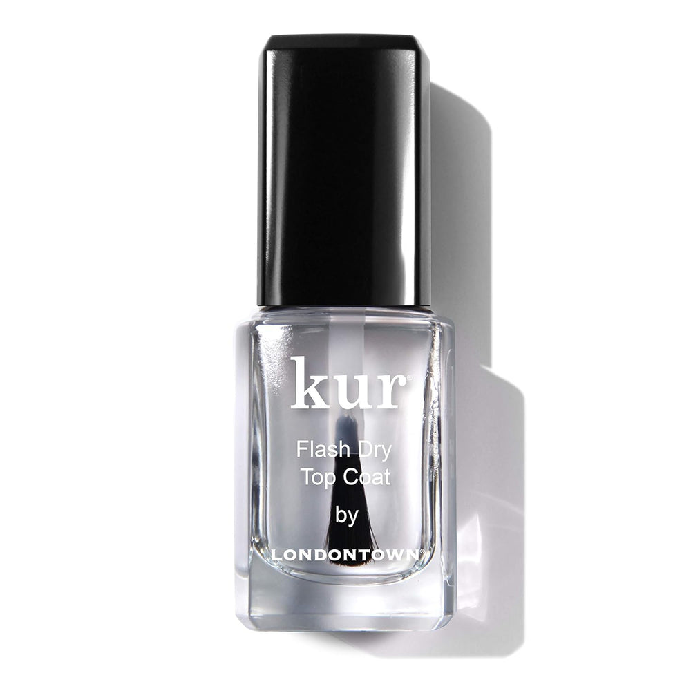 LONDONTOWN kur Flash Dry Top Coat bottle with high-gloss finish for fast-dry manicures.