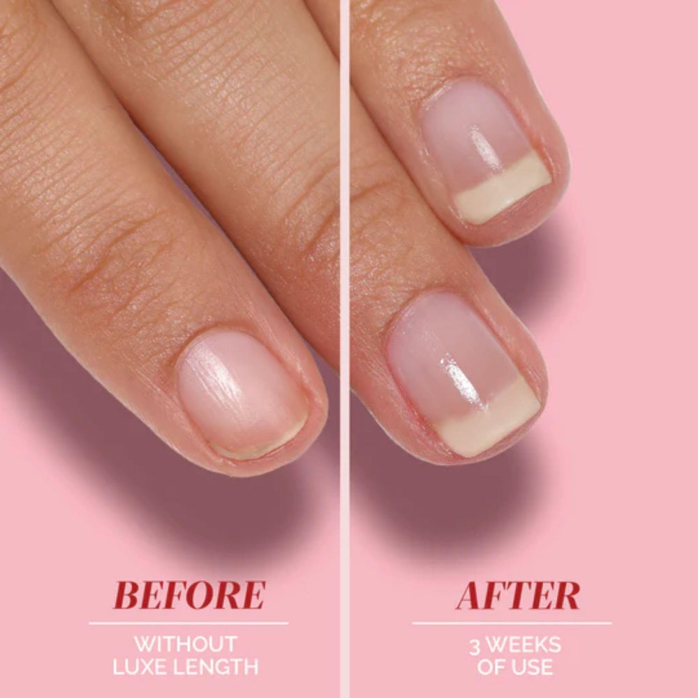 LONDONTOWN Luxe Length Nail Gloss on nails with improved resilience.
