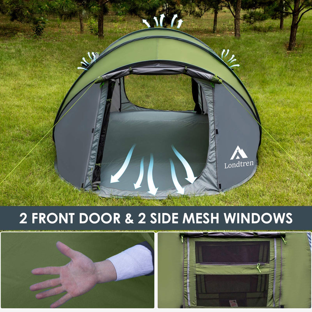 Londtren pop-up tent vestibule stores muddy gear outside the main area.