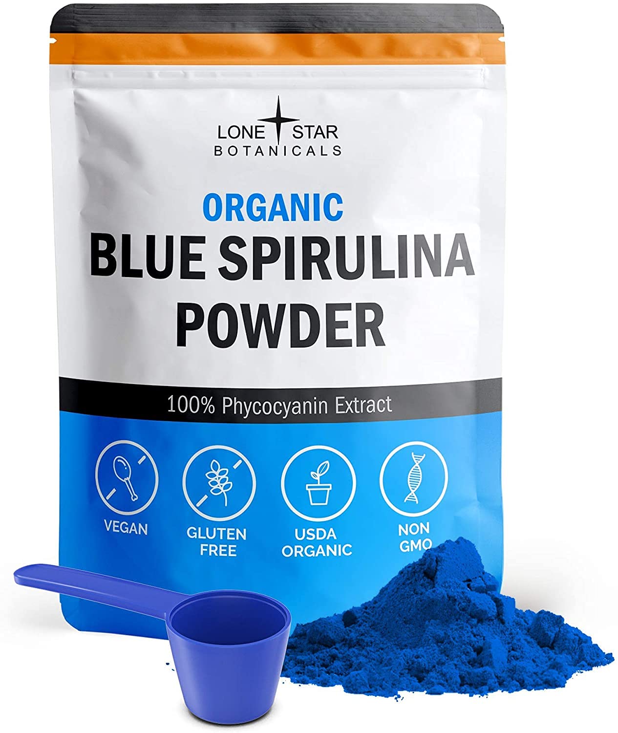 Lone Star Botanicals blue spirulina powder bottle closeup for natural smoothie color