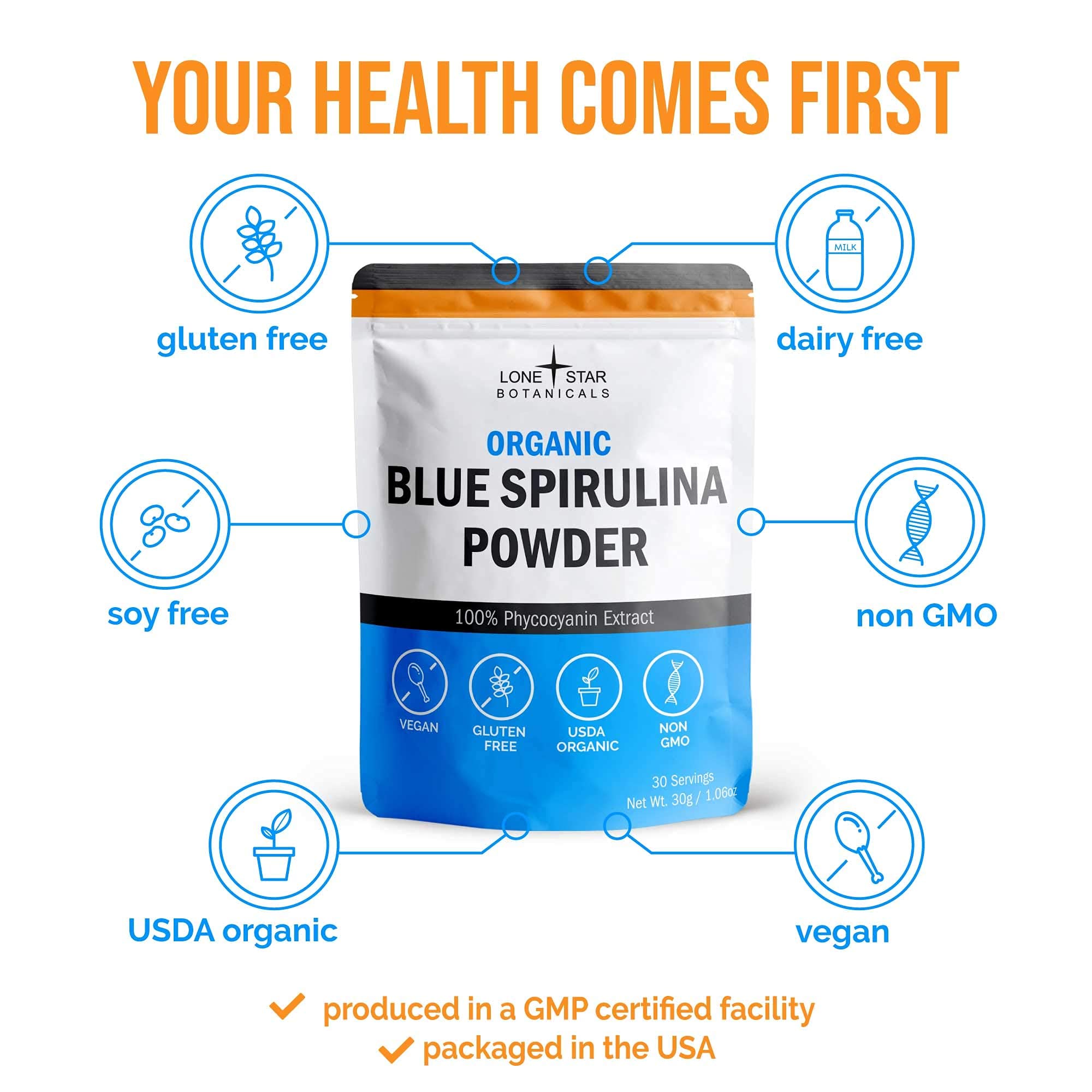 Lone Star Botanicals blue spirulina powder added to a protein shake for color