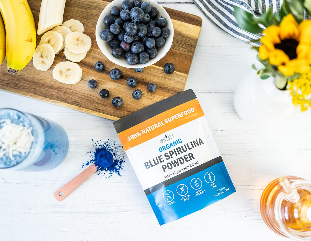 Lone Star Botanicals blue spirulina powder blended into a smoothie for color