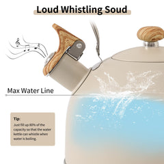 Lonffery Tea Kettle stovetop ready with wooden handle, providing safe lifting while the water heats.