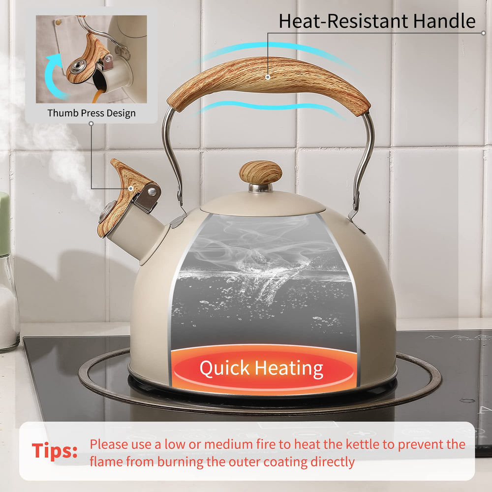 Lonffery Tea Kettle with wood-pattern handle closeup, showcasing comfortable grip and stylish design.