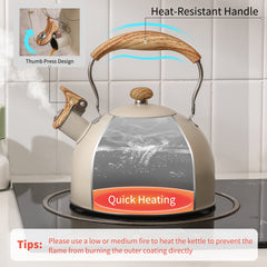 Lonffery Tea Kettle with wood-pattern handle closeup, showcasing comfortable grip and stylish design.